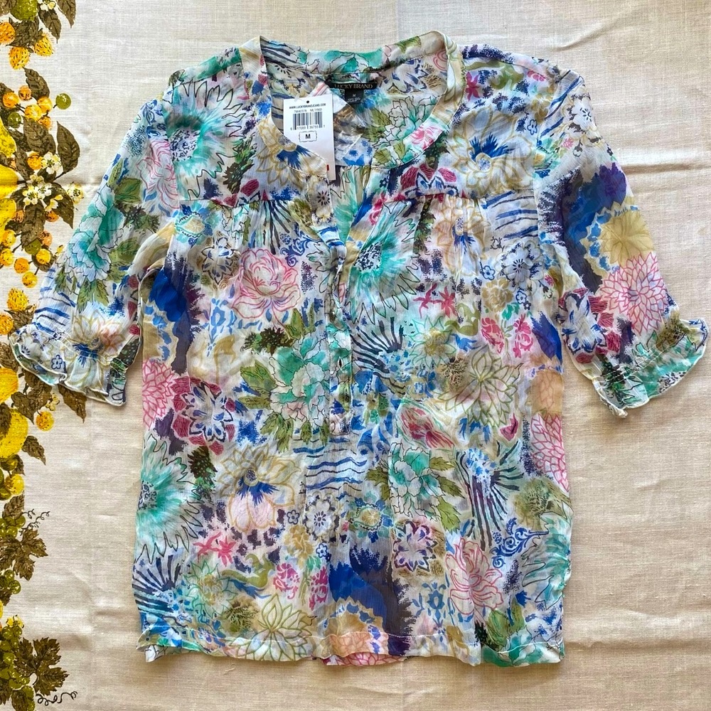Lucky🍀NWT💯%Silk Floral Breeze Sheer Crinkled Top SZ M